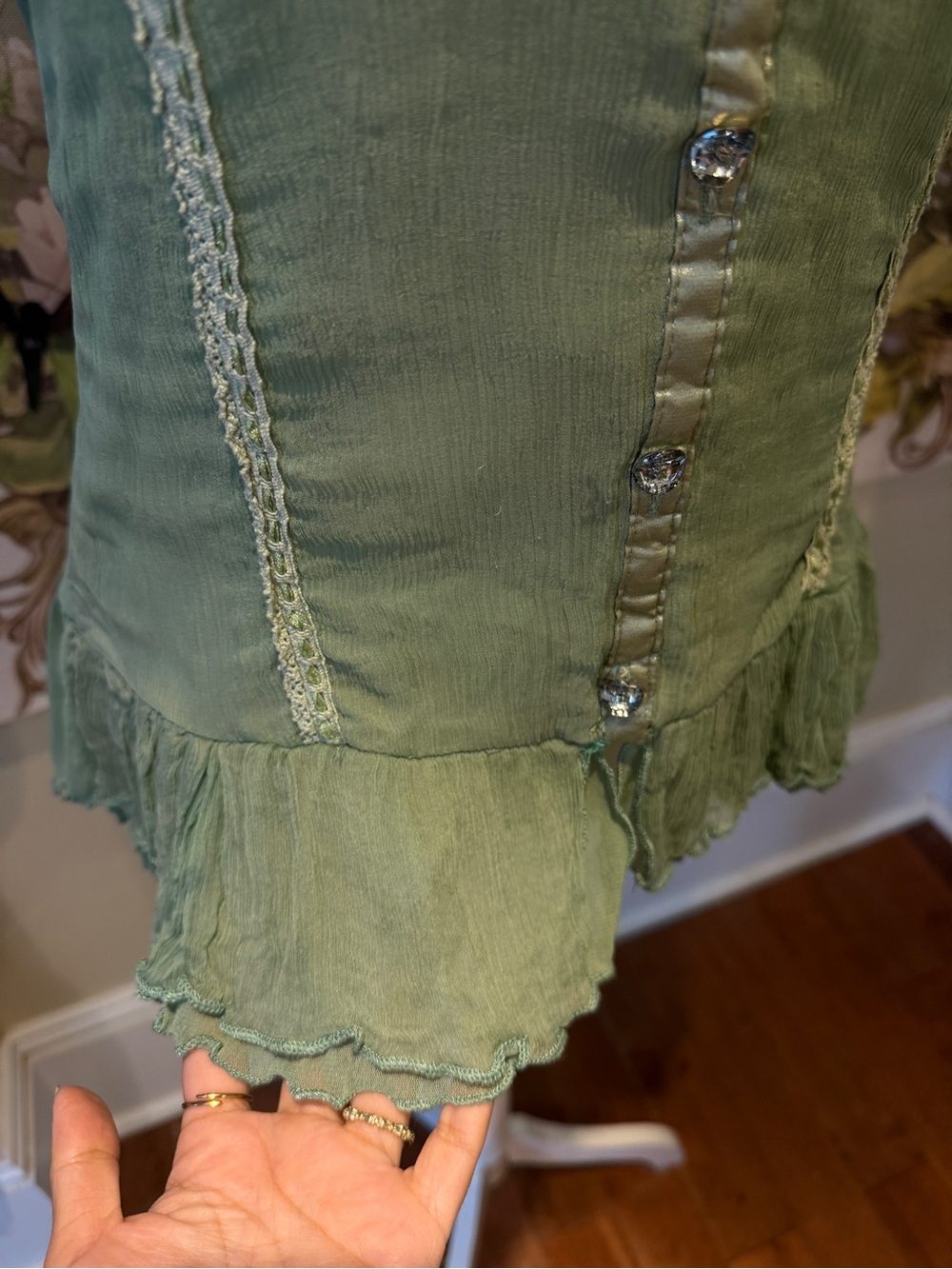 Women's Green Ruffle Button-Front Top - Picture 3 of 5